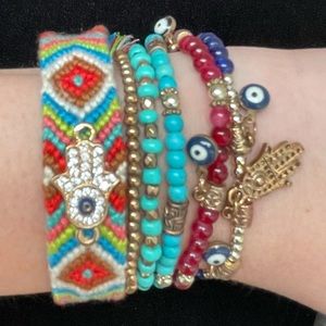 Colorful Beaded Bracelet set -  Evil eyes and the Hand of Fatima